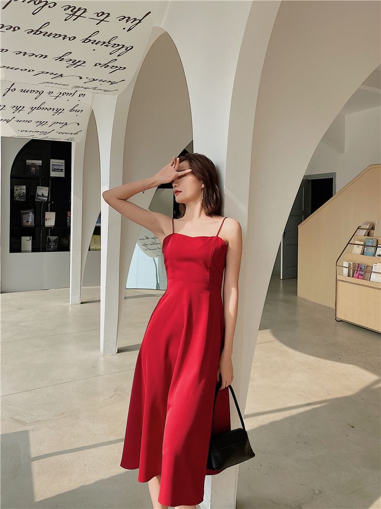 V-Neck Strap Dress Spaghetti Plain Midi A-Line Open Back