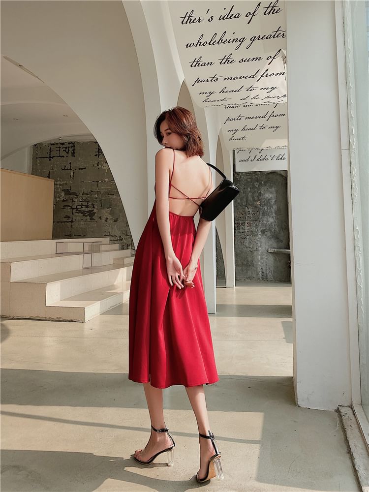 V-Neck Strap Dress Spaghetti Plain Midi A-Line Open Back