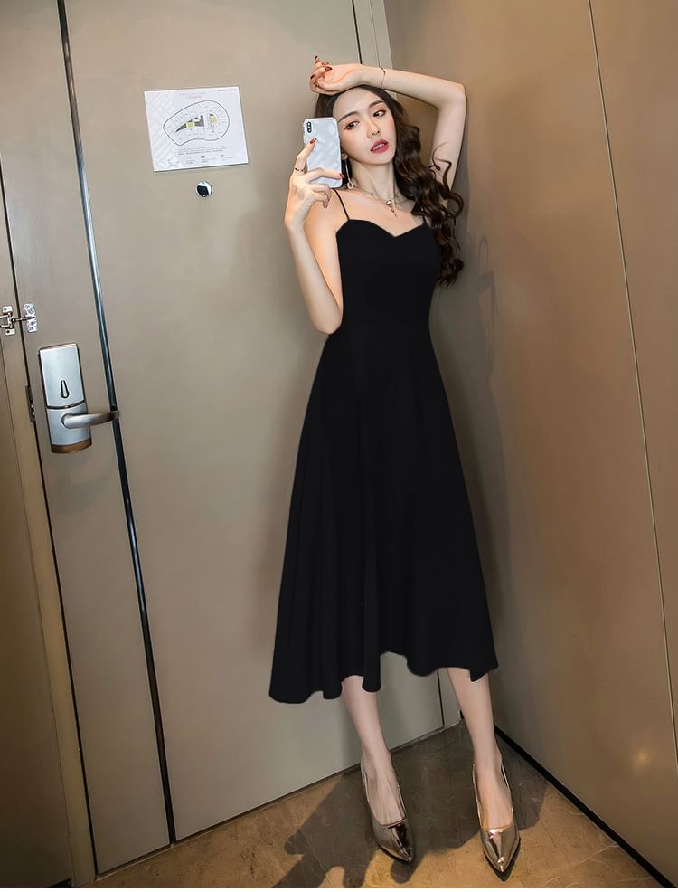V-Neck Strap Dress Spaghetti Plain Midi A-Line Open Back