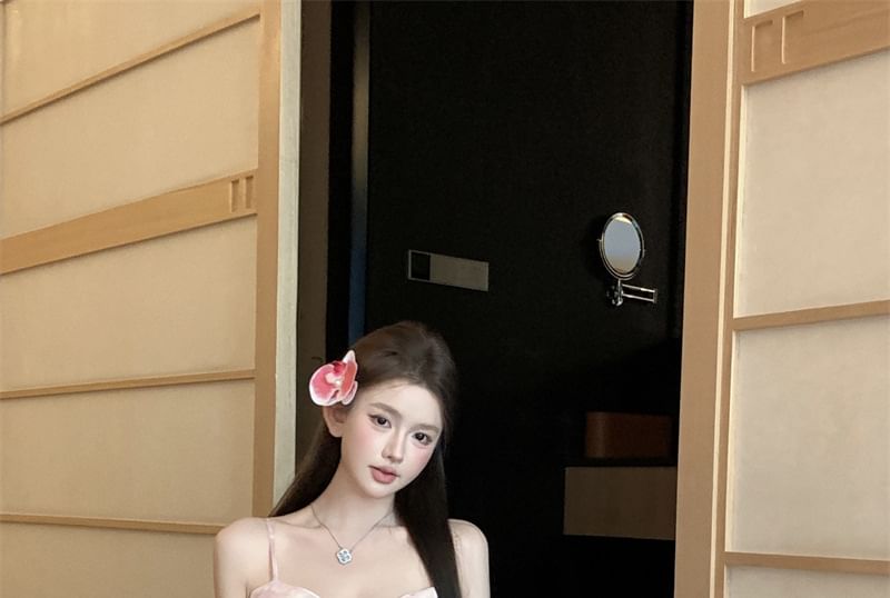 Strap Print Dress Ruched Maxi A-Line Spaghetti Floral V-Neck