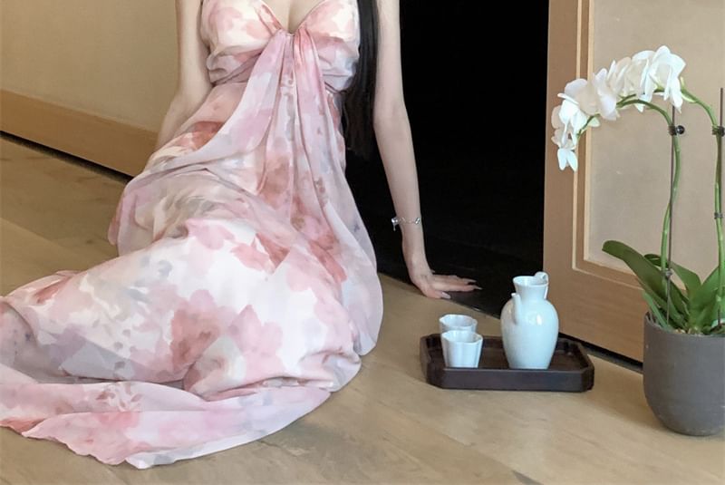 Strap Print Dress Ruched Maxi A-Line Spaghetti Floral V-Neck