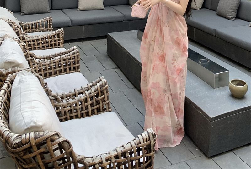 Strap Print Dress Ruched Maxi A-Line Spaghetti Floral V-Neck