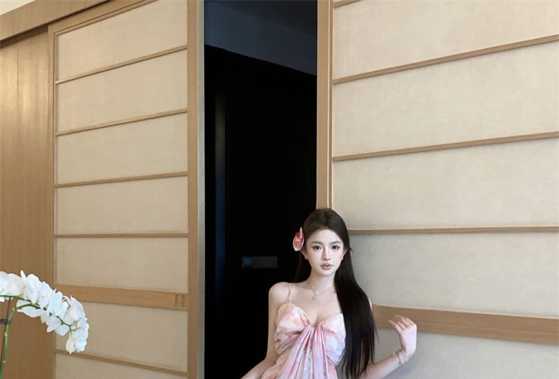 Strap Print Dress Ruched Maxi A-Line Spaghetti Floral V-Neck