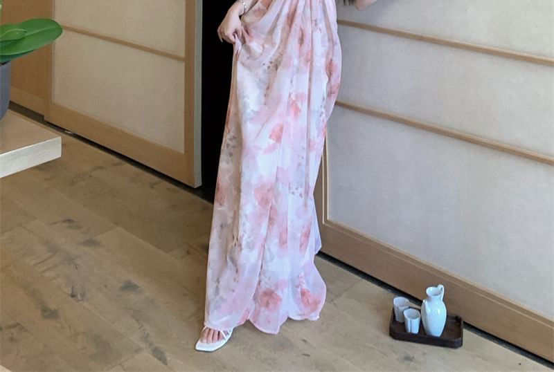 Strap Print Dress Ruched Maxi A-Line Spaghetti Floral V-Neck