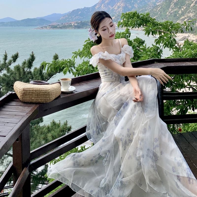 Shoulder Floral Dress Neck Cold Square Maxi Print Ruffle Ruched Trim A-Line