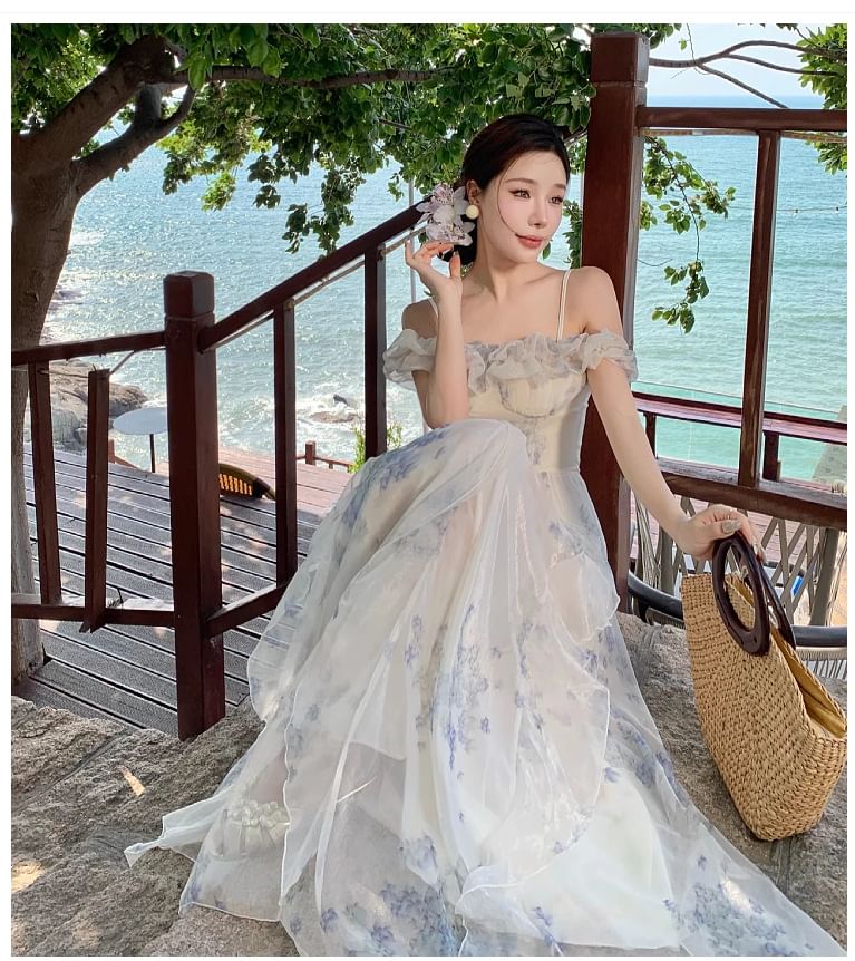 Shoulder Floral Dress Neck Cold Square Maxi Print Ruffle Ruched Trim A-Line