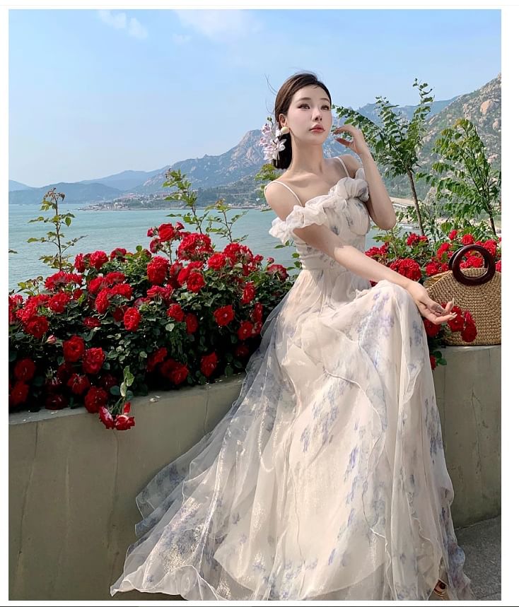 Shoulder Floral Dress Neck Cold Square Maxi Print Ruffle Ruched Trim A-Line