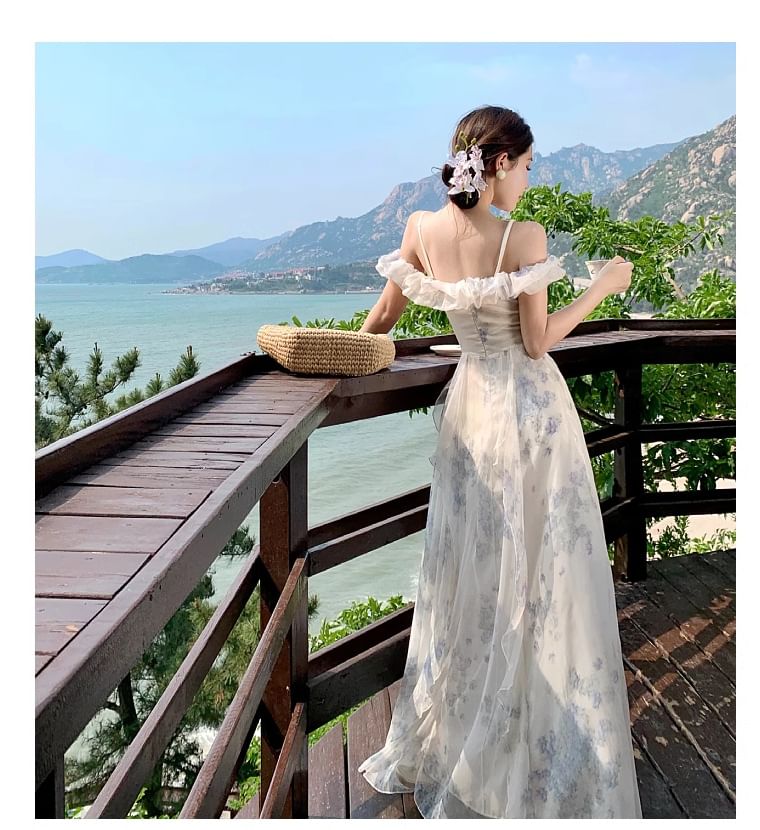 Shoulder Floral Dress Neck Cold Square Maxi Print Ruffle Ruched Trim A-Line