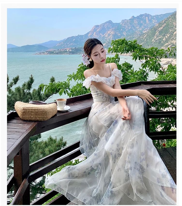 Shoulder Floral Dress Neck Cold Square Maxi Print Ruffle Ruched Trim A-Line