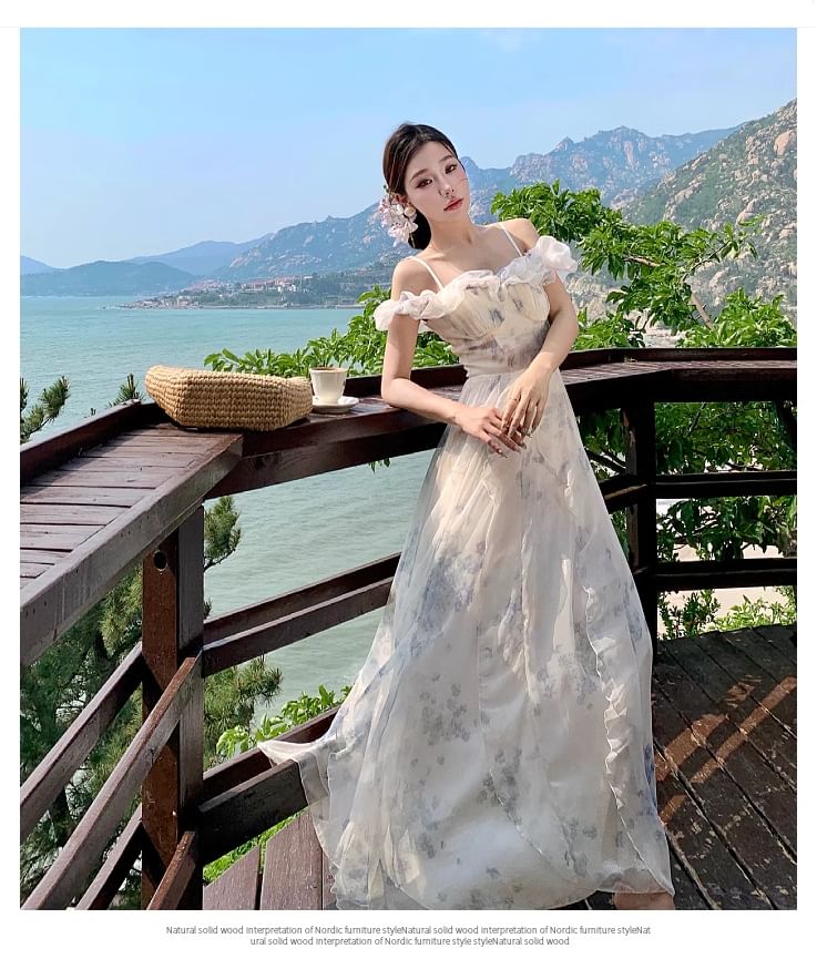 Shoulder Floral Dress Neck Cold Square Maxi Print Ruffle Ruched Trim A-Line