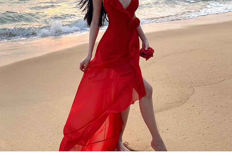 Dress Maxi Plain A-Line Ruffle Plunge Back Trim Strap Slit Open V-Neck Spaghetti