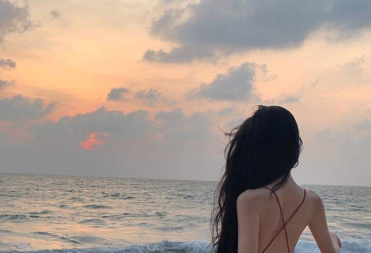 Dress Maxi Plain A-Line Ruffle Plunge Back Trim Strap Slit Open V-Neck Spaghetti