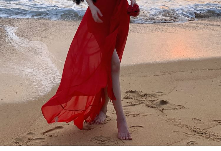 Dress Maxi Plain A-Line Ruffle Plunge Back Trim Strap Slit Open V-Neck Spaghetti