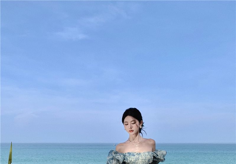 Trim Floral Dress Maxi Puff-Sleeve Ruffle A-Line Print Slit Off-Shoulder