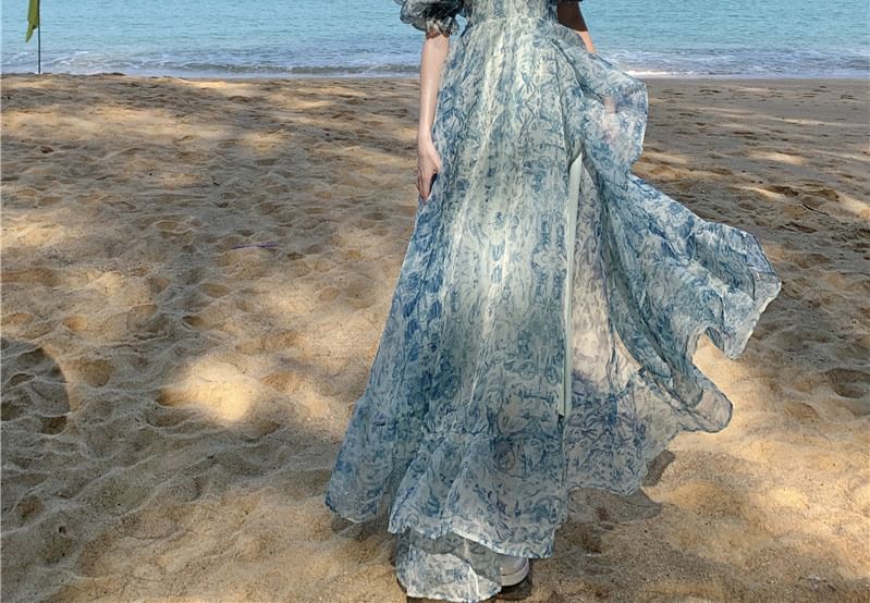 Trim Floral Dress Maxi Puff-Sleeve Ruffle A-Line Print Slit Off-Shoulder