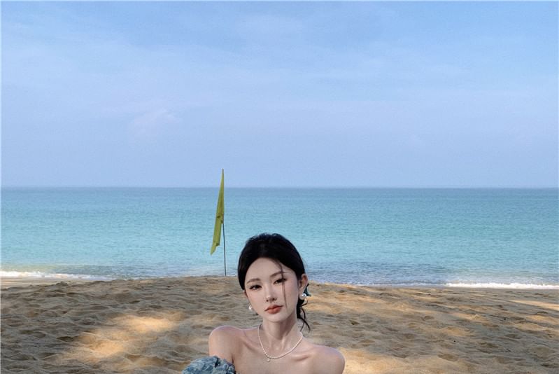 Trim Floral Dress Maxi Puff-Sleeve Ruffle A-Line Print Slit Off-Shoulder