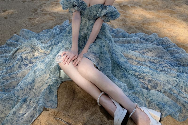 Trim Floral Dress Maxi Puff-Sleeve Ruffle A-Line Print Slit Off-Shoulder