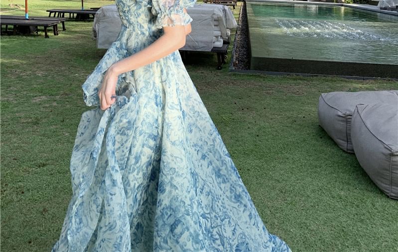 Trim Floral Dress Maxi Puff-Sleeve Ruffle A-Line Print Slit Off-Shoulder