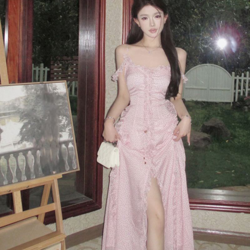 Front Shoulder Dotted Ruffle Tie Maxi V-Neck Slit Cold Dress Trim A-Line