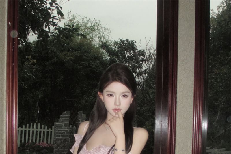 Front Shoulder Dotted Ruffle Tie Maxi V-Neck Slit Cold Dress Trim A-Line