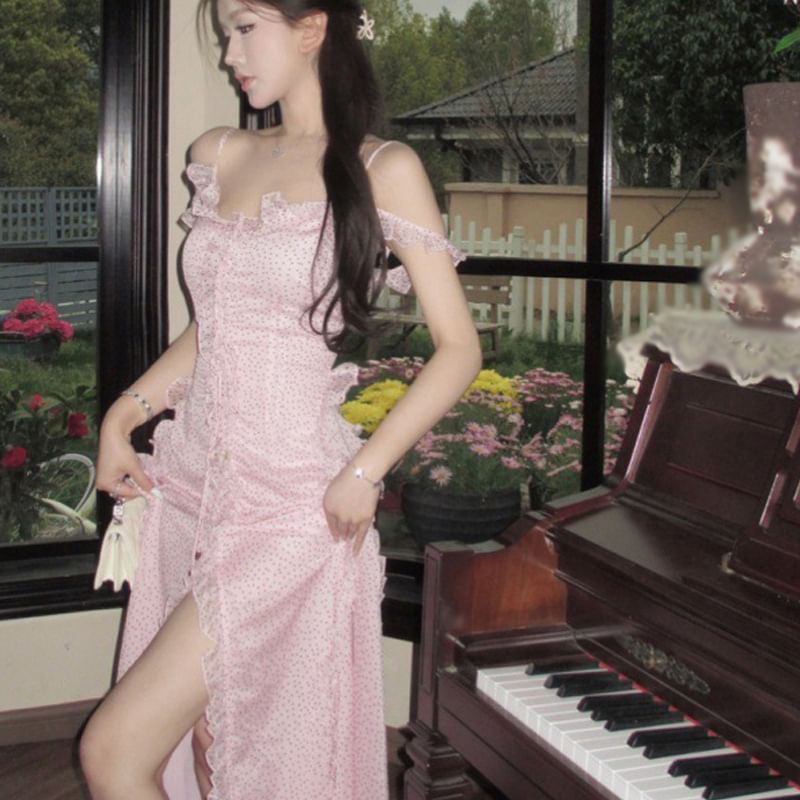 Front Shoulder Dotted Ruffle Tie Maxi V-Neck Slit Cold Dress Trim A-Line