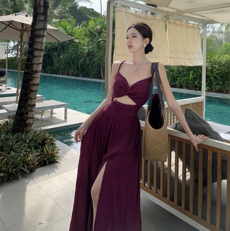 Knot Strap A-Line V-Neck Maxi Slit Plain Dress Cutout Spaghetti