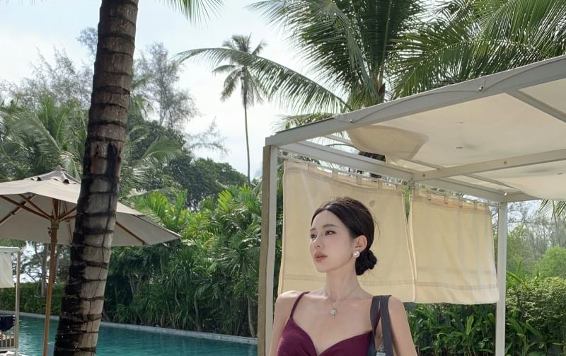 Knot Strap A-Line V-Neck Maxi Slit Plain Dress Cutout Spaghetti