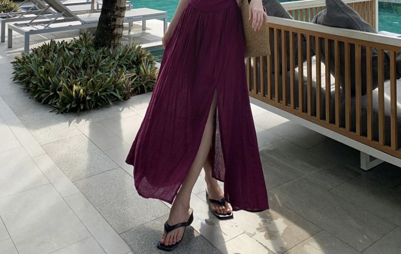 Knot Strap A-Line V-Neck Maxi Slit Plain Dress Cutout Spaghetti