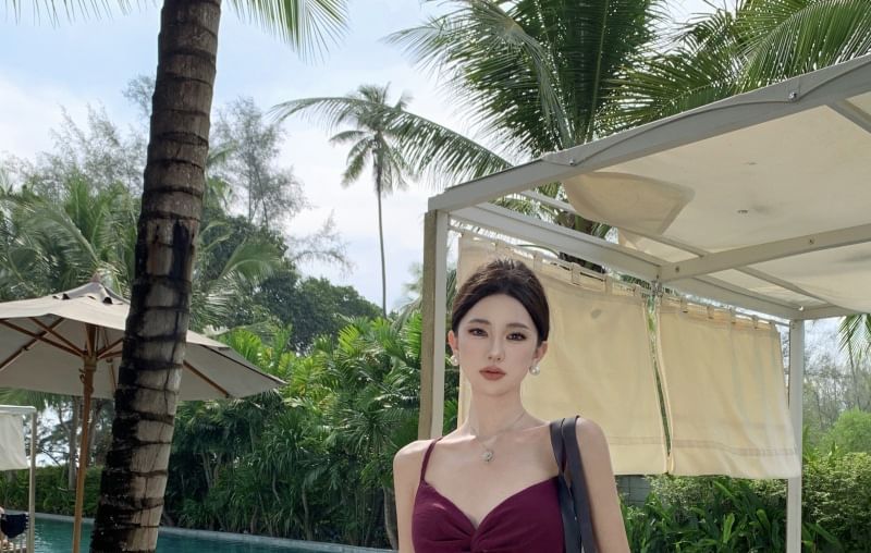 Knot Strap A-Line V-Neck Maxi Slit Plain Dress Cutout Spaghetti