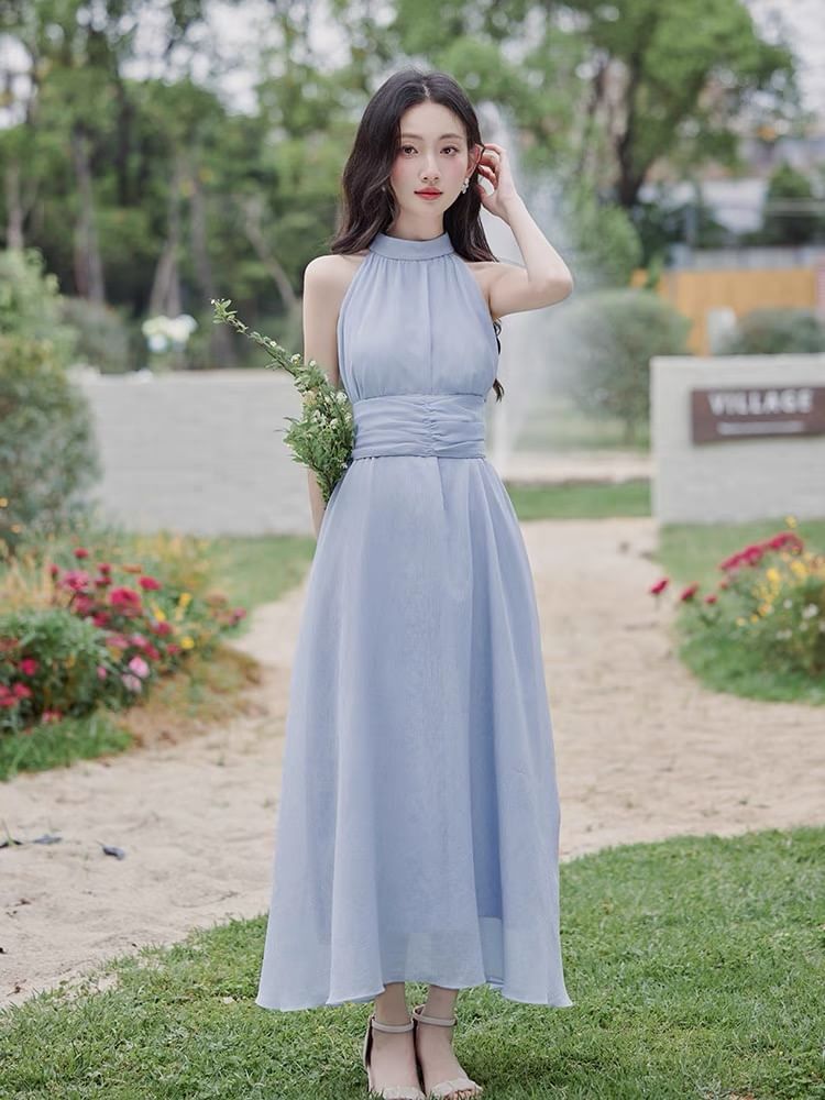 Halter Plain Maxi Sundress / Belt / Cardigan / Set