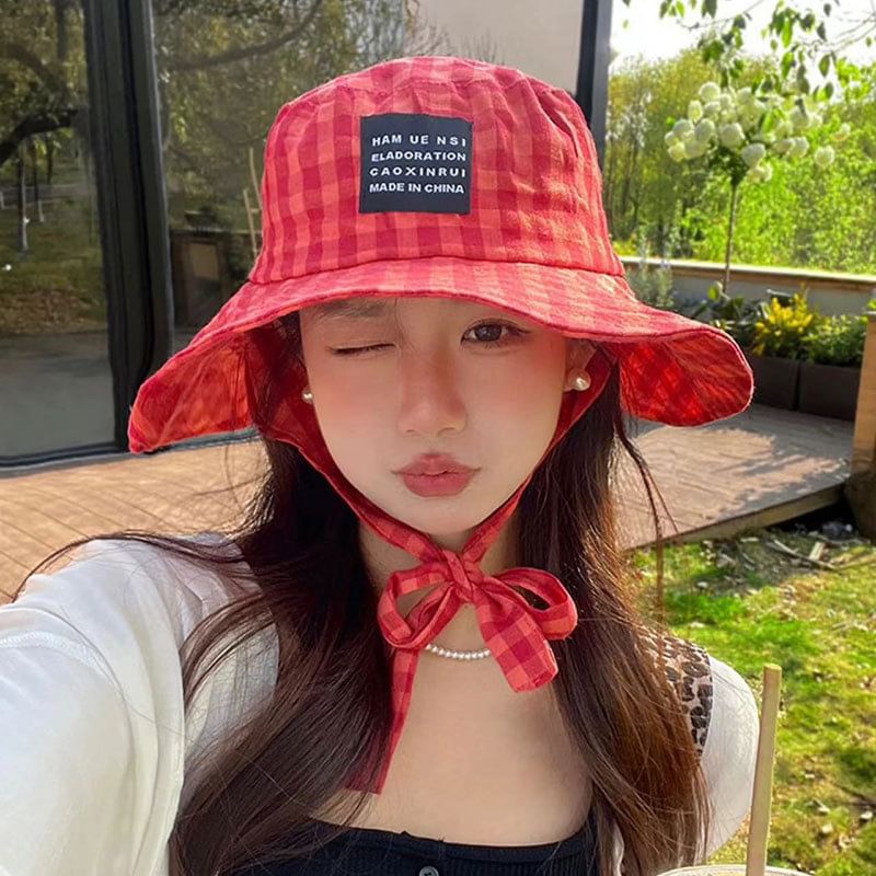 Applique Bucket Lettering Plaid Hat