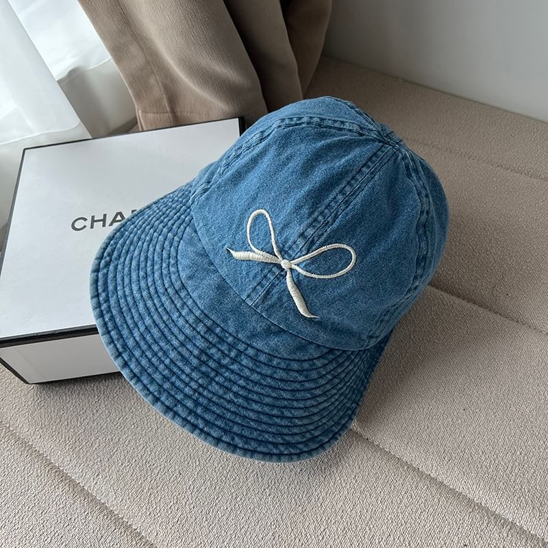 Washed Bow Denim Brim Wide Cap Embroidered