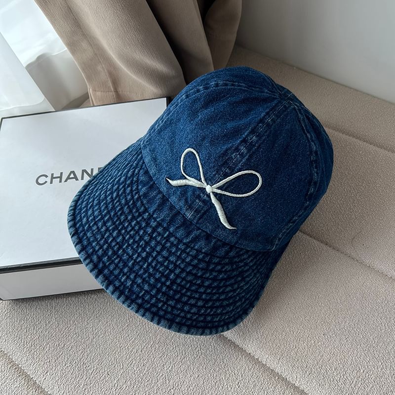 Washed Bow Denim Brim Wide Cap Embroidered