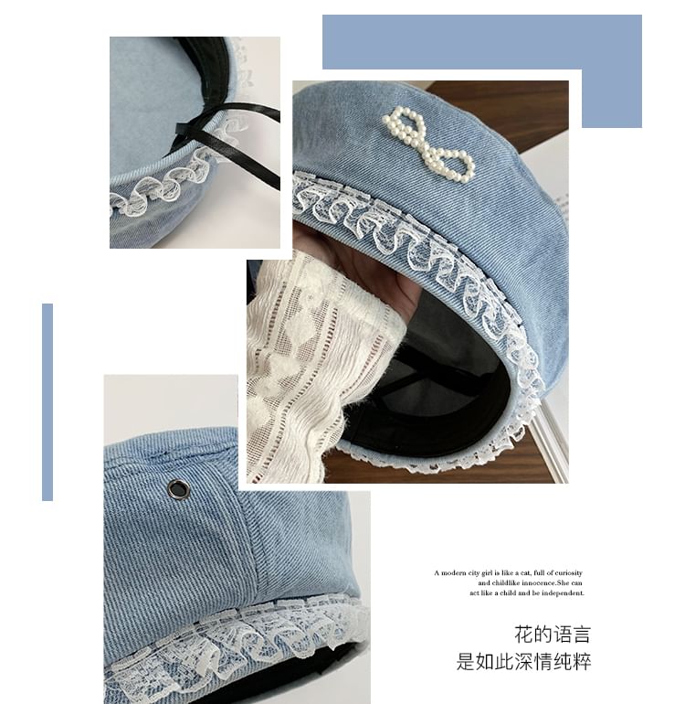 Bow Pearl Lace Denim Beret Trim Faux