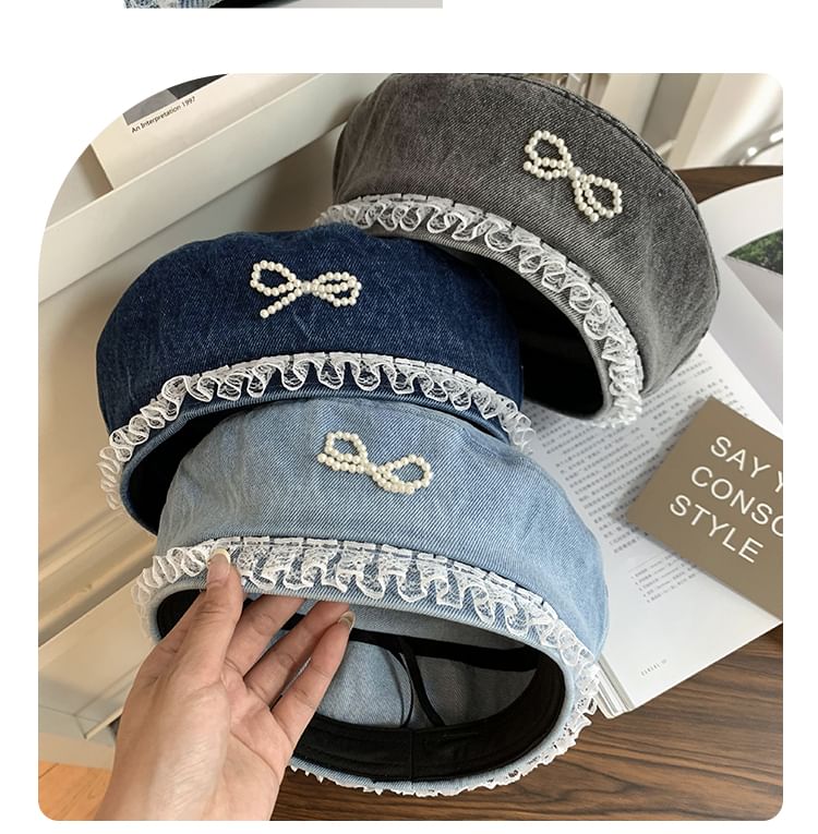 Bow Pearl Lace Denim Beret Trim Faux