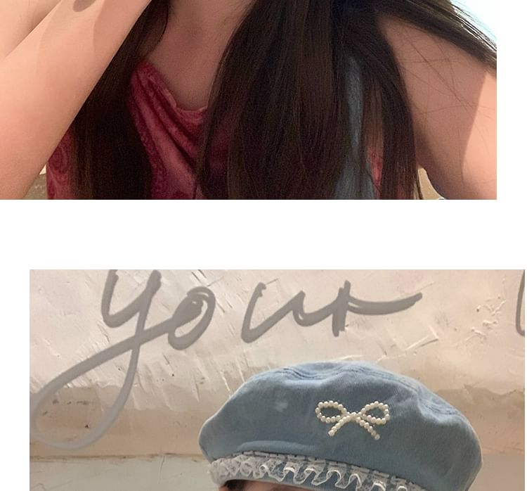 Bow Pearl Lace Denim Beret Trim Faux