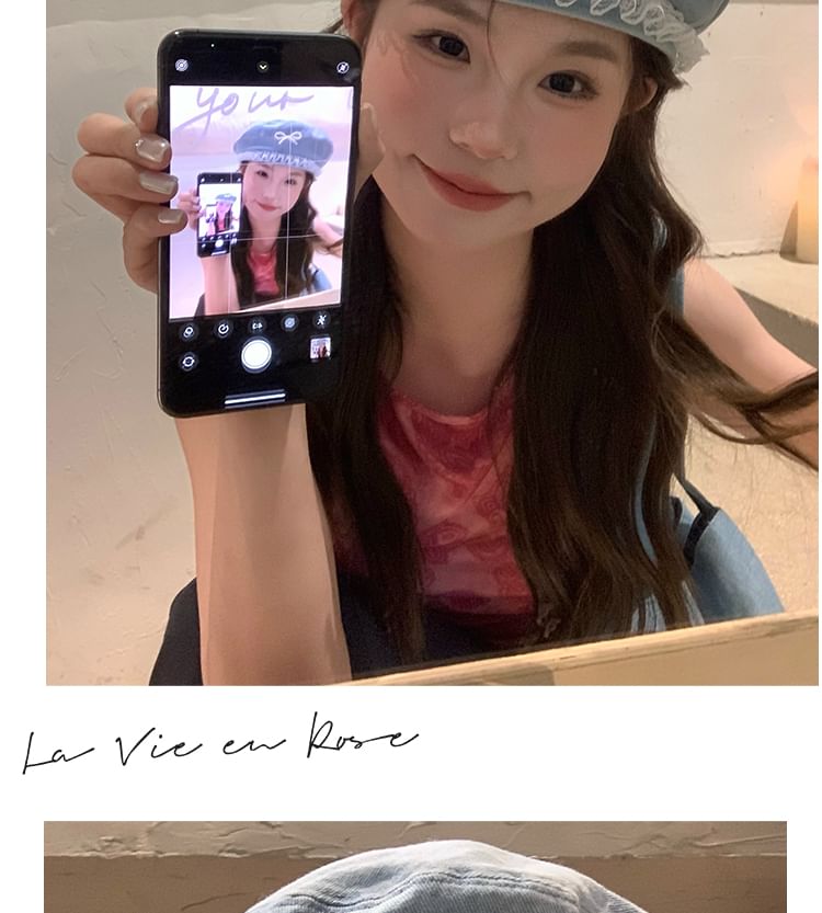 Bow Pearl Lace Denim Beret Trim Faux