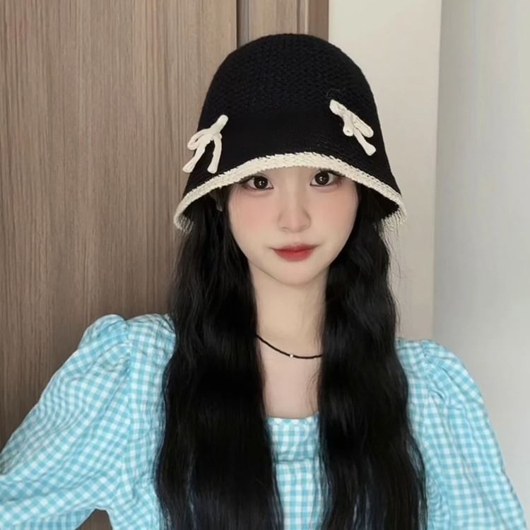 Knit Hat Bow Cloche Contrast Trim