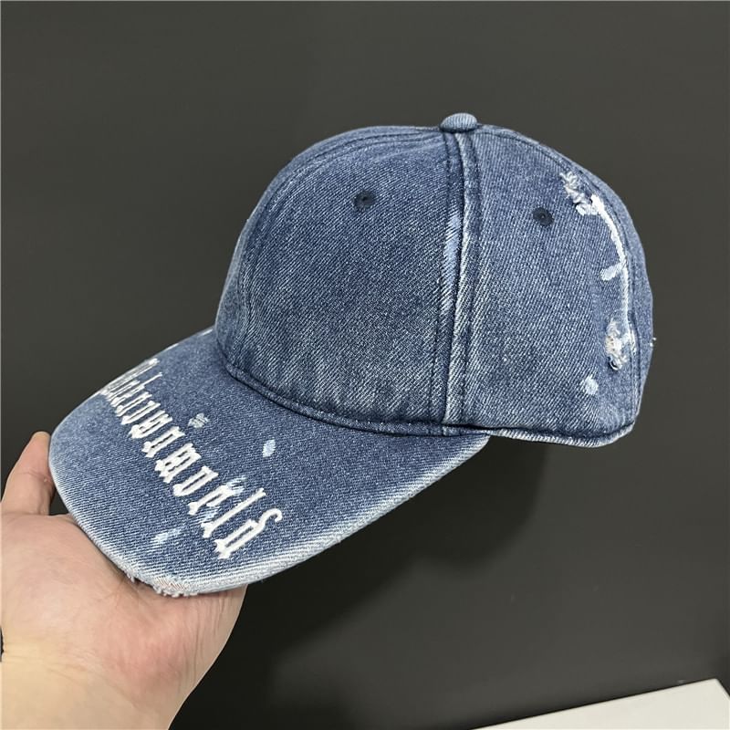 Baseball Cap Lettering Washed Denim Embroidered
