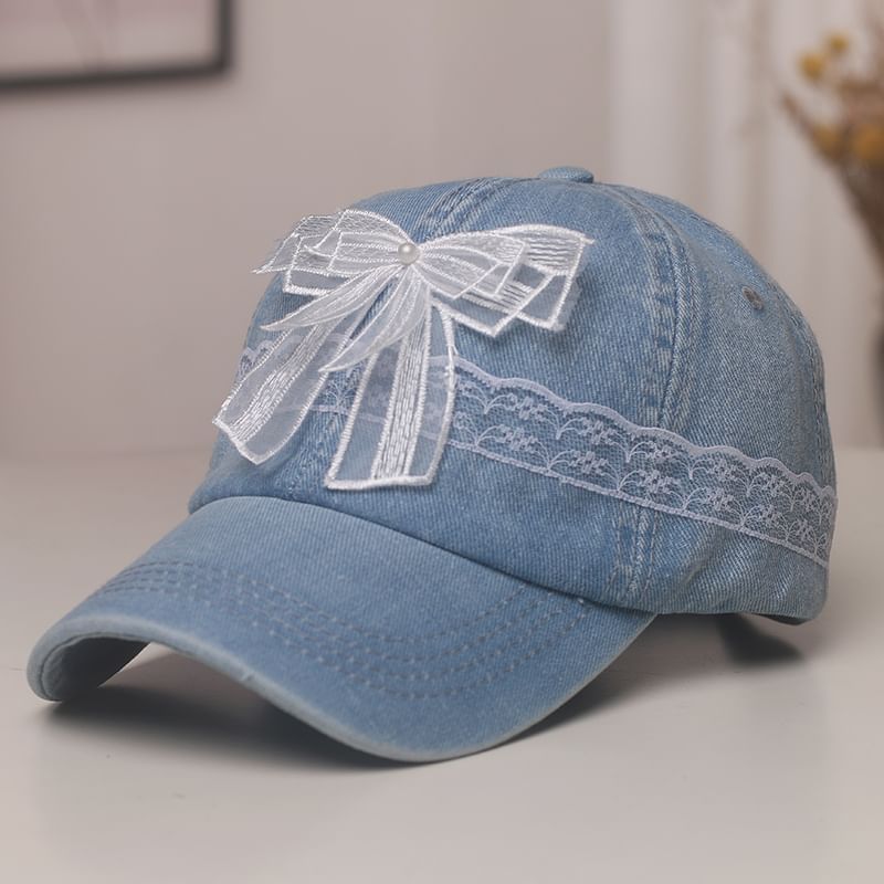 Baseball Denim Lace Cap Pearl Faux Trim Bow