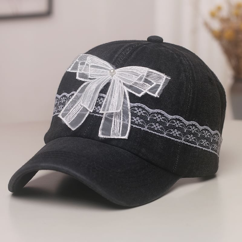 Baseball Denim Lace Cap Pearl Faux Trim Bow