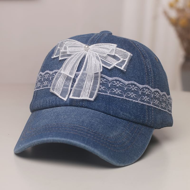 Baseball Denim Lace Cap Pearl Faux Trim Bow