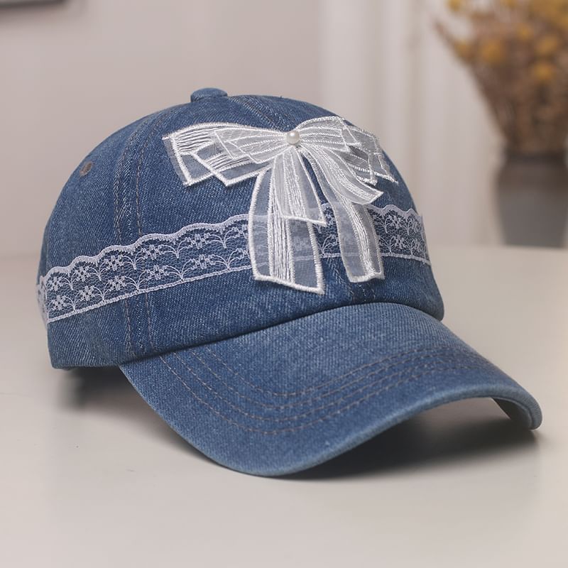 Baseball Denim Lace Cap Pearl Faux Trim Bow