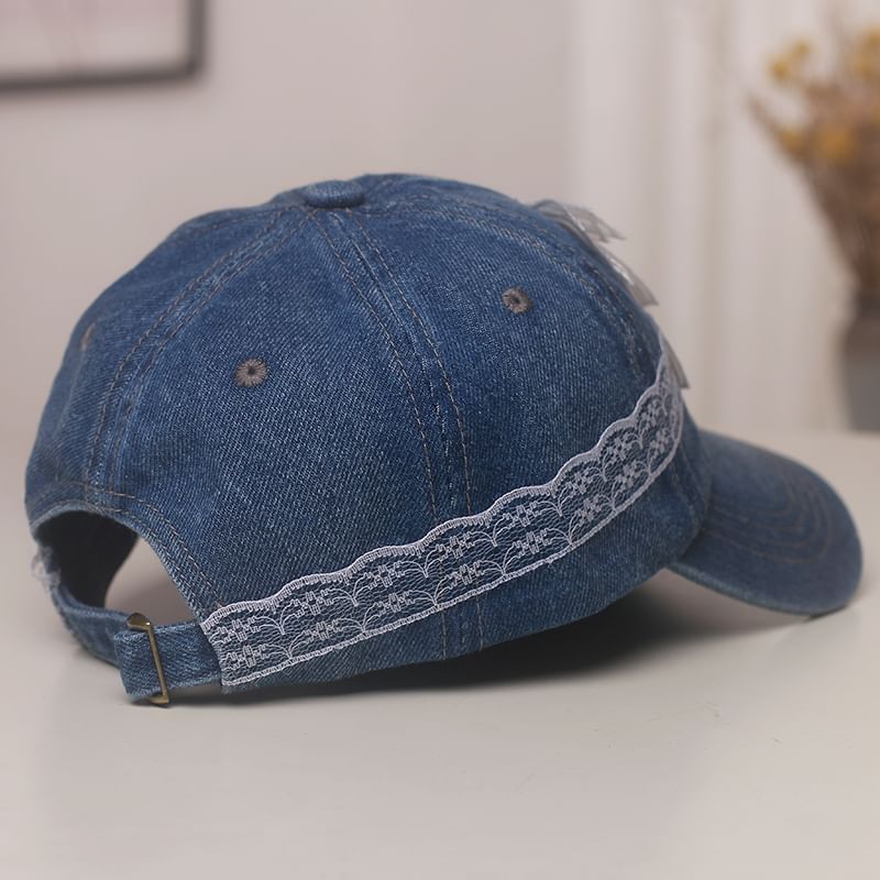 Baseball Denim Lace Cap Pearl Faux Trim Bow