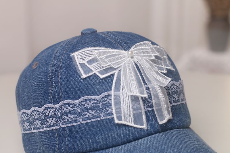 Baseball Denim Lace Cap Pearl Faux Trim Bow