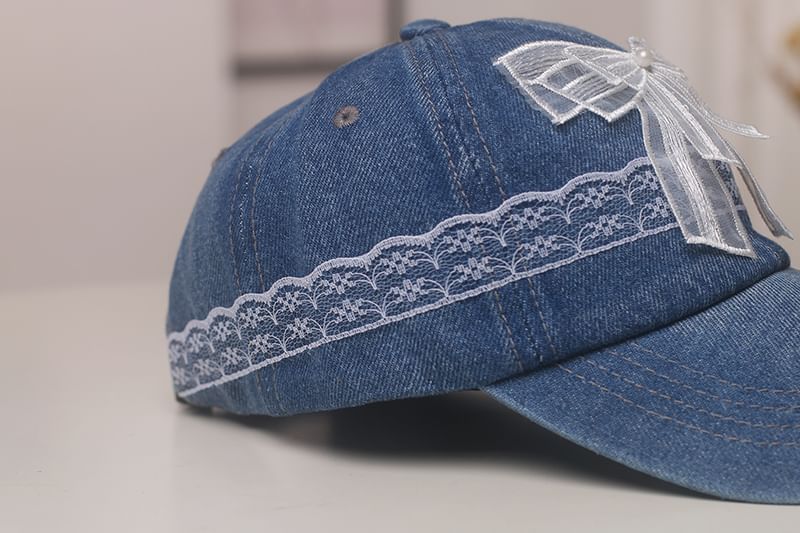 Baseball Denim Lace Cap Pearl Faux Trim Bow
