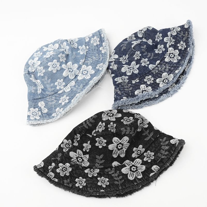 Bucket Floral Washed Denim Frayed Print Hat