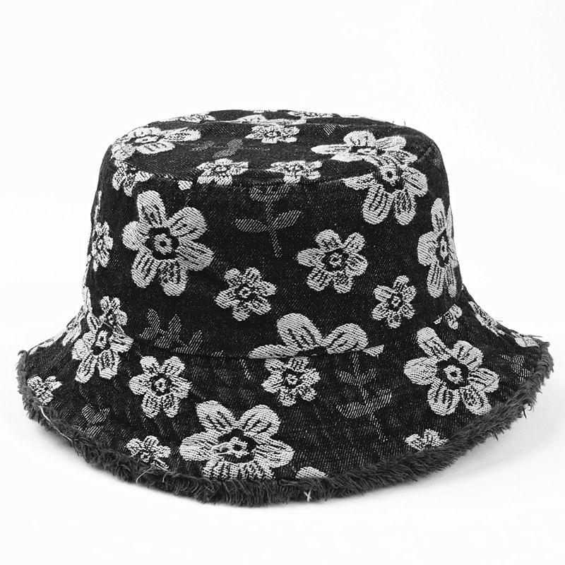 Bucket Floral Washed Denim Frayed Print Hat