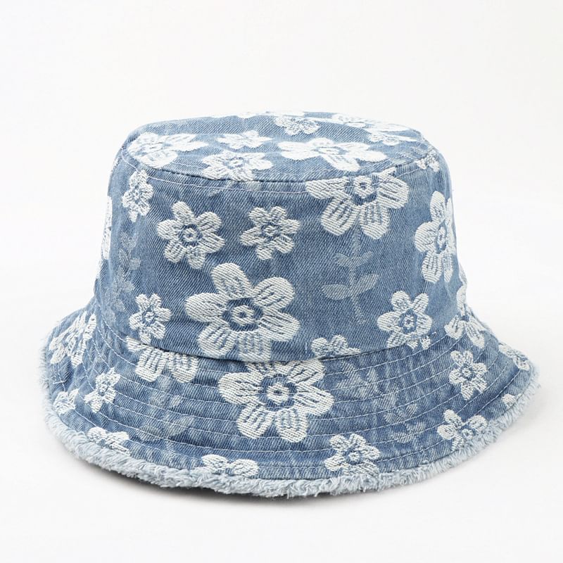 Bucket Floral Washed Denim Frayed Print Hat
