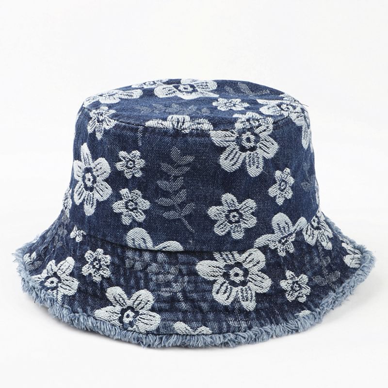 Bucket Floral Washed Denim Frayed Print Hat